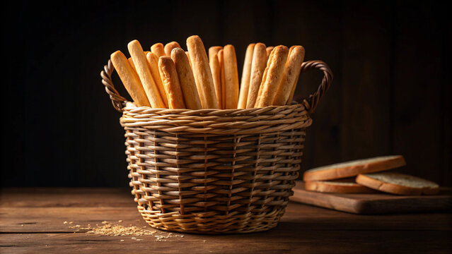 Delicious grissini breadsticks in wicker basket rustic food photography for culinary projects