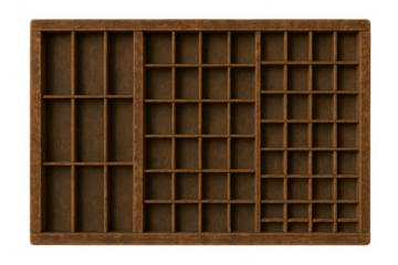 Vintage wooden typesetter drawer featuring varied compartment sizes, displaying printing industry heritage against transparent background for graphic design layouts