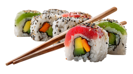 Delicious Sushi Rolls with Chopsticks on Clear Background
