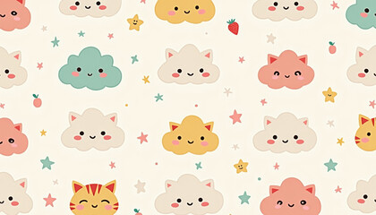 Cute Cloud Characters Seamless Pattern Design for Playful Backgrounds in Whimsical Style
