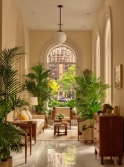 Sunlight-filled, elegant hallway with lush plants and classic furniture