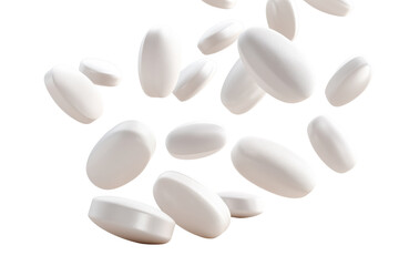Numerous white oval and round pills floating in a dark void isolated on a transparent background medicine
