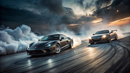 Obraz premium Two Luxury Cars Drifting Creating Smoke Trails on a Dark Track 