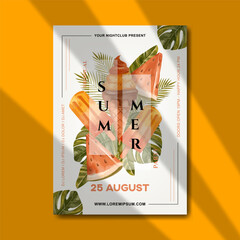 summer poster template design with ice cream, watermelon and palm leaves