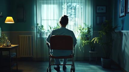 Elderly woman in wheelchair looking out window nursing home care and loneliness concept visual 100 character silhouette