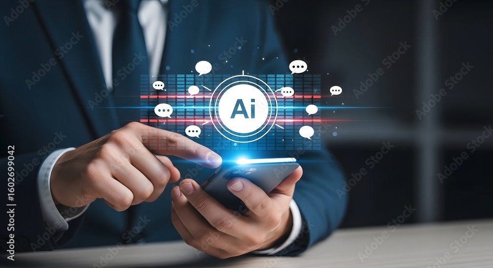 Aufkleber confident businessman interacting with ai interface on smartphone showcasing modern communication an