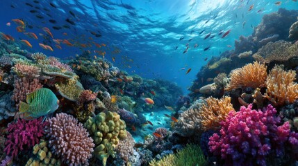 Underwater panorama of a tropical coral reef ecosystem with bright corals and a variety of marine creatures swimming nearby
