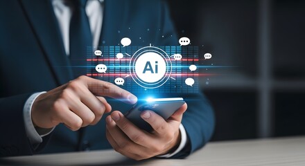 Confident businessman interacting with AI interface on smartphone showcasing modern communication and data analytics for business growth and innovation