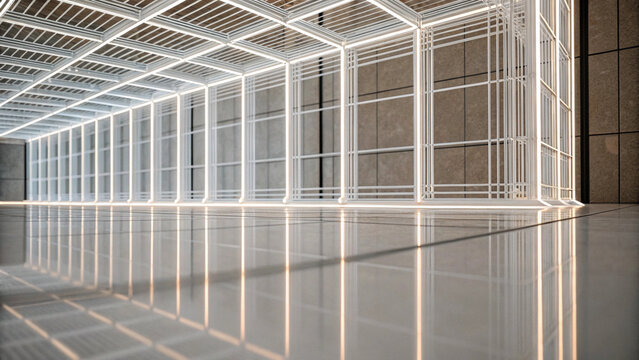 Modern architecture interior design with illuminated structure reflecting on a glossy surface - Powered by Adobe