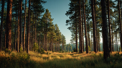 Obraz premium Pine Forest Glows at Sunset. Captures a serene landscape, perfect for nature themes, environmental awareness, or scenic backdrops. Editorial use.
