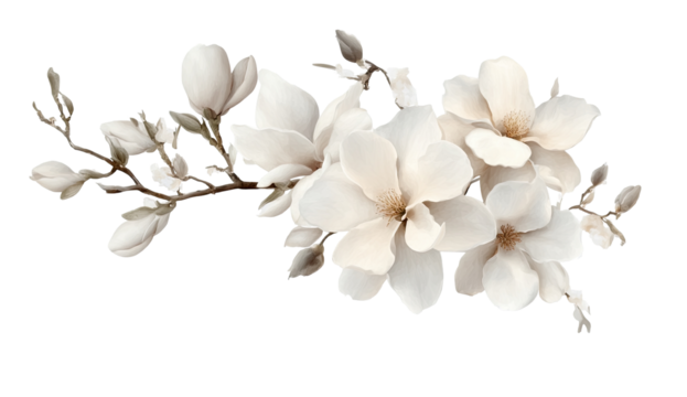 Delicate magnolia blossoms on a branch.  Soft, muted white flowers with detailed textures, set against a black background.  A stylized botanical illustration