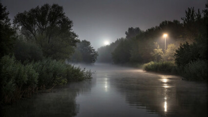 Serene river scene at night with fog and illuminated trees peaceful landscape photograph
