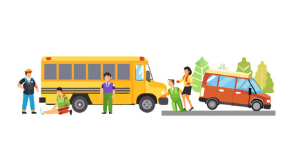 Aftermath of a school bus accident involving a student with concerned adults and a damaged orange van, conveying safety concerns and community support, originally a scalable graphic