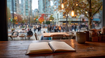 warm cafÃ© scene with person journaling near window, urban view with people walking by