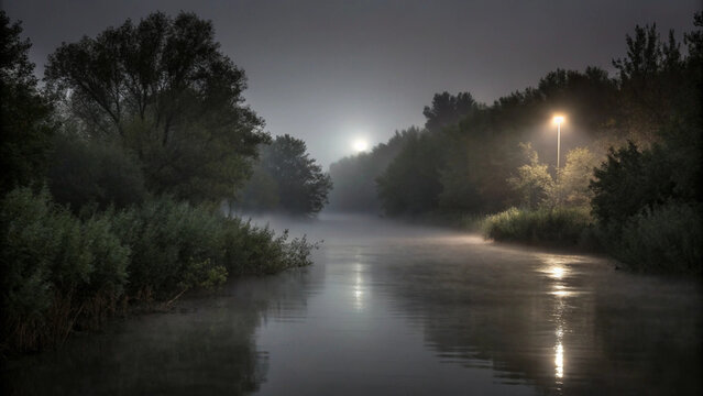 Serene river scene at night with fog and illuminated trees peaceful landscape photograph