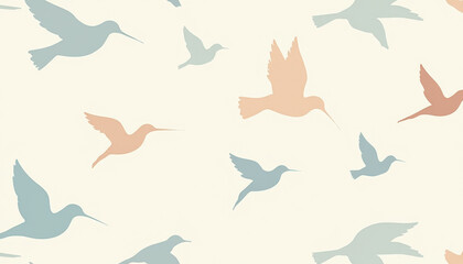 Seamless Pattern of Flying Birds, Nature Illustration, Soft Color Palette, Tranquil Environment, Aerial Viewpoint