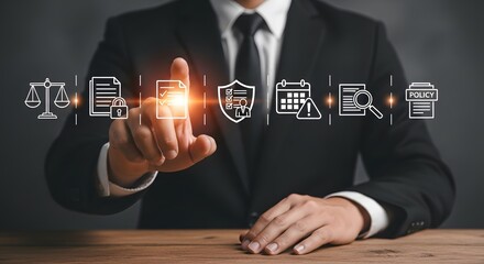 Professional executive navigates digital interface featuring legal compliance, security, and policy management icons for modern business strategy