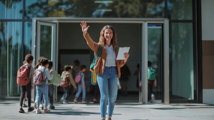 Smiling teacher waving goodbye to her elementary school students while holding a clipboard, standing in front of the school entrance on a bright autumn day