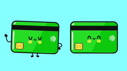Adorable cartoon credit cards with friendly faces against a blue backdrop.