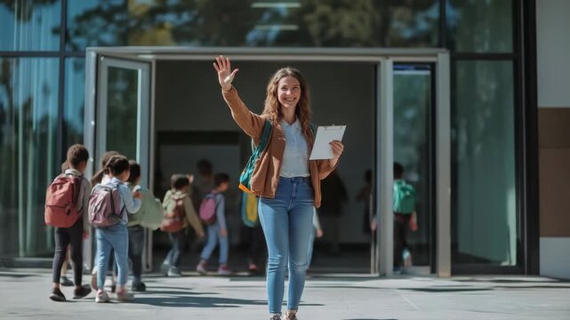 Smiling teacher waving goodbye to her elementary school students while holding a clipboard, standing in front of the school entrance on a bright autumn day