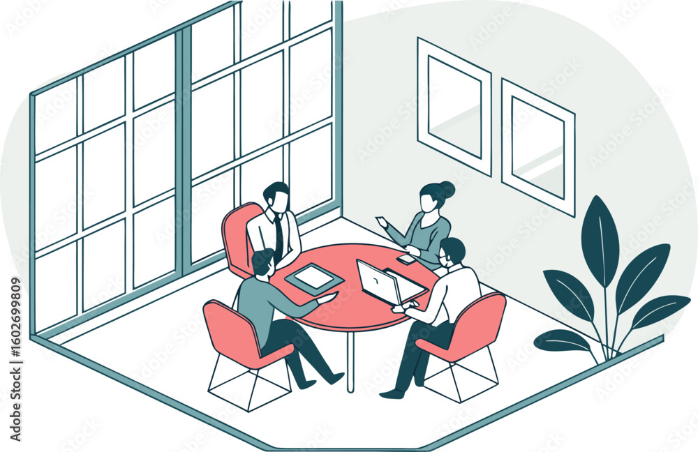 Poster isometric view of business meeting with four people around a table with laptops and a large window