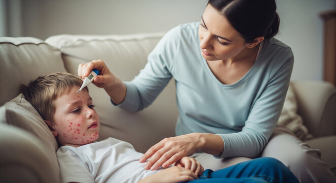 Boy with measles measures temperature, lies on sofa. Mom takes care of son. Infectious childhood disease