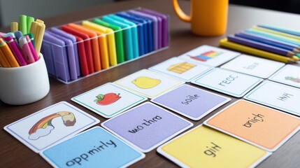 Colorful DIY flashcards for early learning with words and pictures, organized by topic on a desk