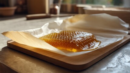 DIY beeswax wrap in progress with cotton fabric, melted beeswax, and parchment paper on an ironing board
