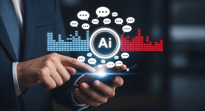 Man uses smartphone with glowing AI interface, showing communication bubbles and digital analytics charts, symbolizing AI-powered interaction and data analysis - Powered by Adobe