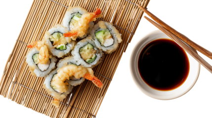 Delicious Tempura Sushi Roll with Soy Sauce on Mat