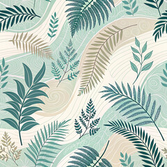 Tropical Leaf Pattern with Abstract Swirls – Seamless Botanical Design Background

