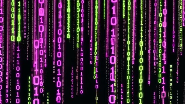 Digital rain of green and pink binary numbers against black background