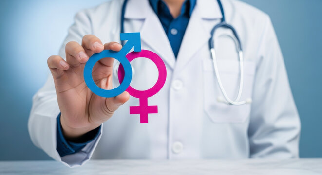 Sexual health doctor holding gender symbols for reproductive health and wellness and std awareness day