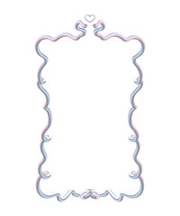 Whimsical Coquette Frame 04. Flowing Iridescent Border with Double Heart Detail. Pearlescent Pink Curling Outline on Transparent Background.