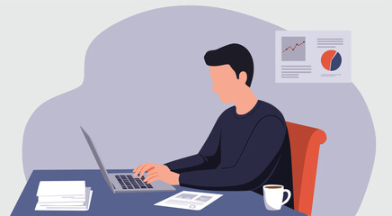 Businessman Working on Laptop at Desk – Office Vector Illustration