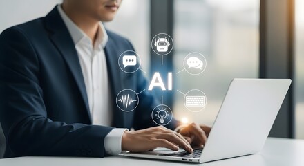 Professional businessman utilizes advanced AI technology with digital interface for innovative business solutions and enhanced productivity in modern office setting