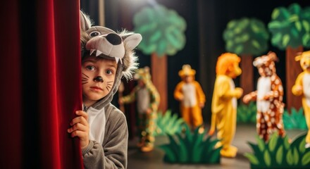 Young boy wearing wolf costume and whiskers peeks from behind red curtain. Other children in animal costumes appear on stage at school during play