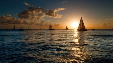 Wide panoramic ocean view at sunset with golden sunlight sparkling on the water surface and silhouetted sailboats far away