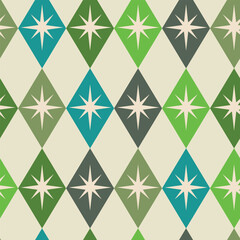 Mid century atomic starbursts over diamond shapes in sage green, lime green, teal, avocado green and ebony. For textile, fabric, home décor and wallpaper