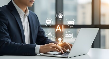 Professional businessman using a laptop with AI icons symbolizing innovation, communication, and technology in a modern office setting.