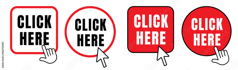 Fototapete Click here button set. Push buttons with computer mouse click cursor and click with hand cursor. Vector minimalist design