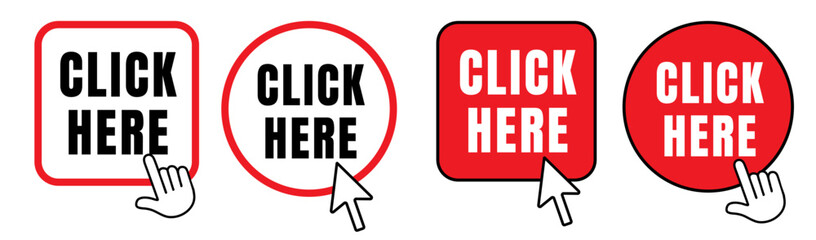 Click here button set. Push buttons with computer mouse click cursor and click with hand cursor. Vector minimalist design