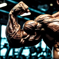 a highly muscular and toned human arm performing strength training in a gym. The arm muscles are clearly defined and defined, indicating a high level of fitness and physical strength