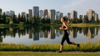 woman jogging by lake with city skyline behind, grassy embankment and reflections on water, activewear and earbuds