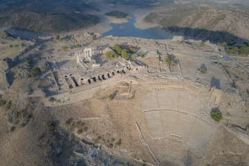 Pergamon Ancient City drone view in Bergama Town of Turkey