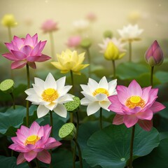 Lotus Symphony: A Harmonious Blend of Pink, White, and Yellow Blooms in 8k.