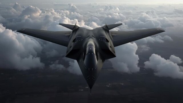 Military aircraft gliding through clouds at dusk during a test flight above a scenic landscape