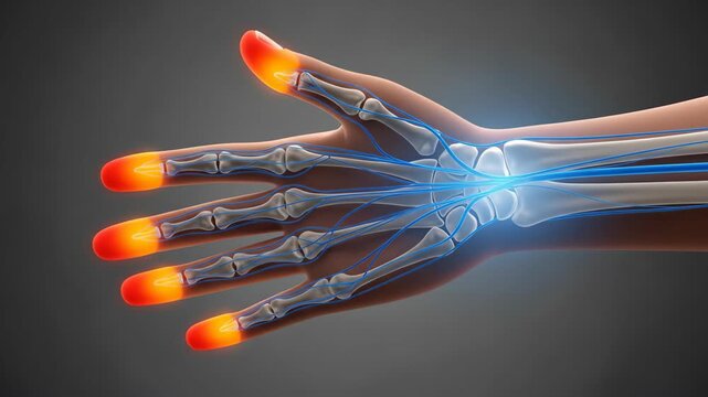3D animation of human hand anatomy displaying skeletal structure and intricate nerve network with glowing fingertips representing sensation and nerve impulses.