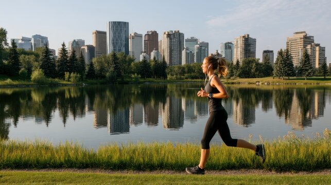 woman jogging by lake with city skyline behind, grassy embankment and reflections on water, activewear and earbuds