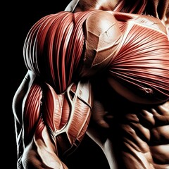 a detailed illustration of the muscles of the upper body, showcasing the large, well-defined muscle structure in great detail